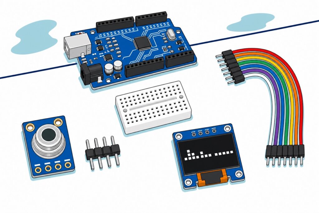 Cartoon of a small blue GY-906 MLX90614 board with a silver metal can and a loose black four-pin header beside it, a blue 0.96-inch OLED with white pixels, a plain white mini breadboard, rainbow male-to-male jumper leads and a blue Arduino Uno