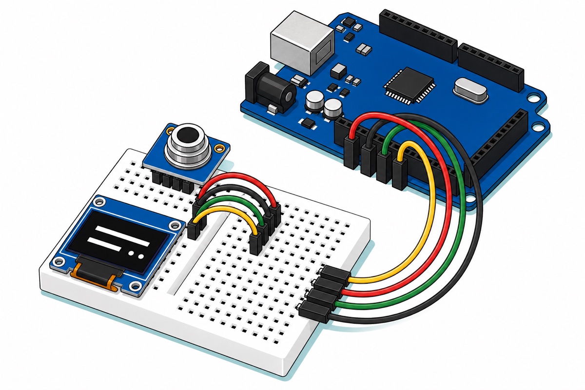 Cartoon of a small blue GY-906 sensor with a silver can and a blue 0.96-inch OLED lying flat on a plain white mini breadboard, joined by four short jumpers and connected to a blue Arduino Uno by four longer ones