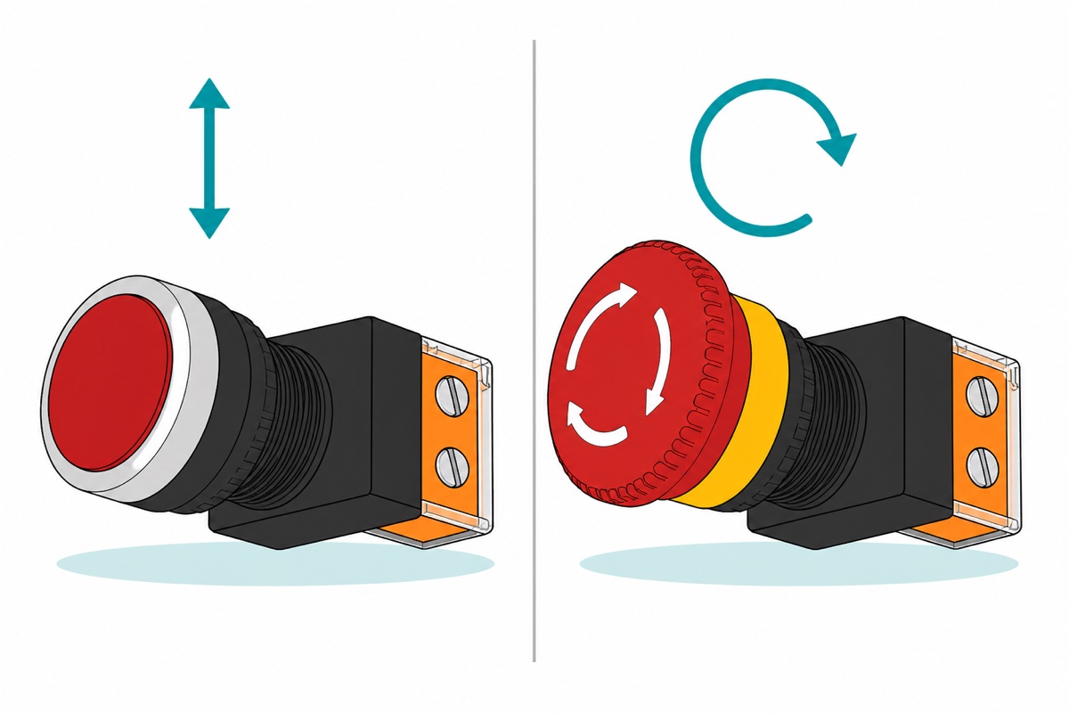 Cartoon comparing two 22mm panel buttons with identical black bodies and orange screw-terminal blocks, one with a flat red lens in a silver bezel and one with a red mushroom head on a yellow collar