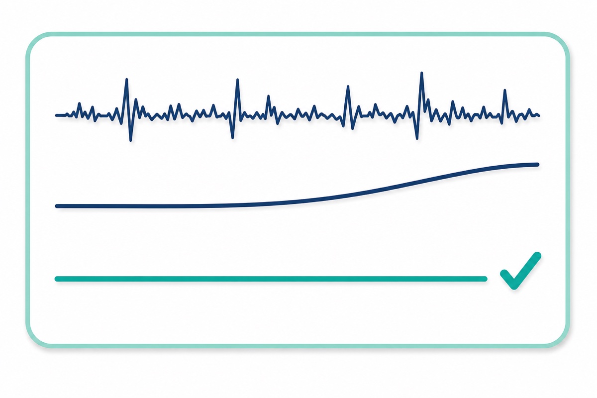 Cartoon of three signal traces comparing a jittery accelerometer line, a drifting gyroscope line and a smooth fused line