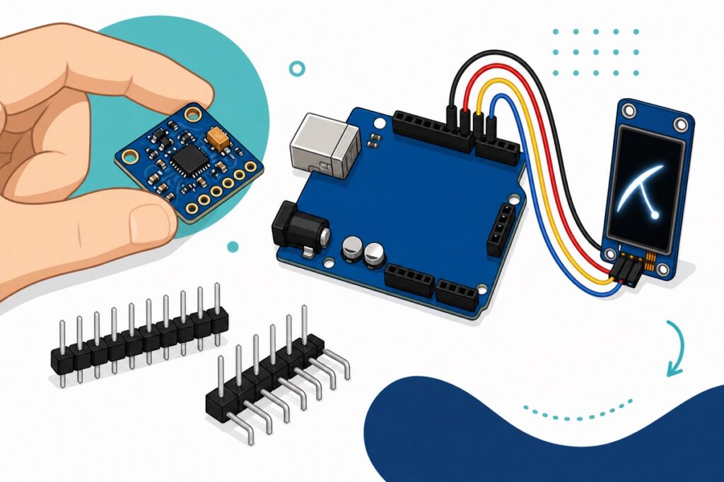 A hand holding a small blue GY-521 MPU6050 board beside two loose header strips, a blue Arduino Uno and a blue OLED showing an abstract angle needle