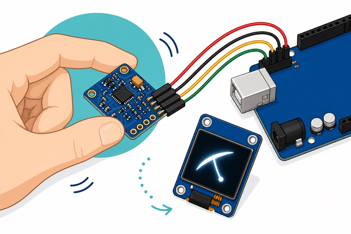 Cartoon of a hand tilting a small blue GY-521 sensor board while a blue OLED display shows a glowing tilted needle