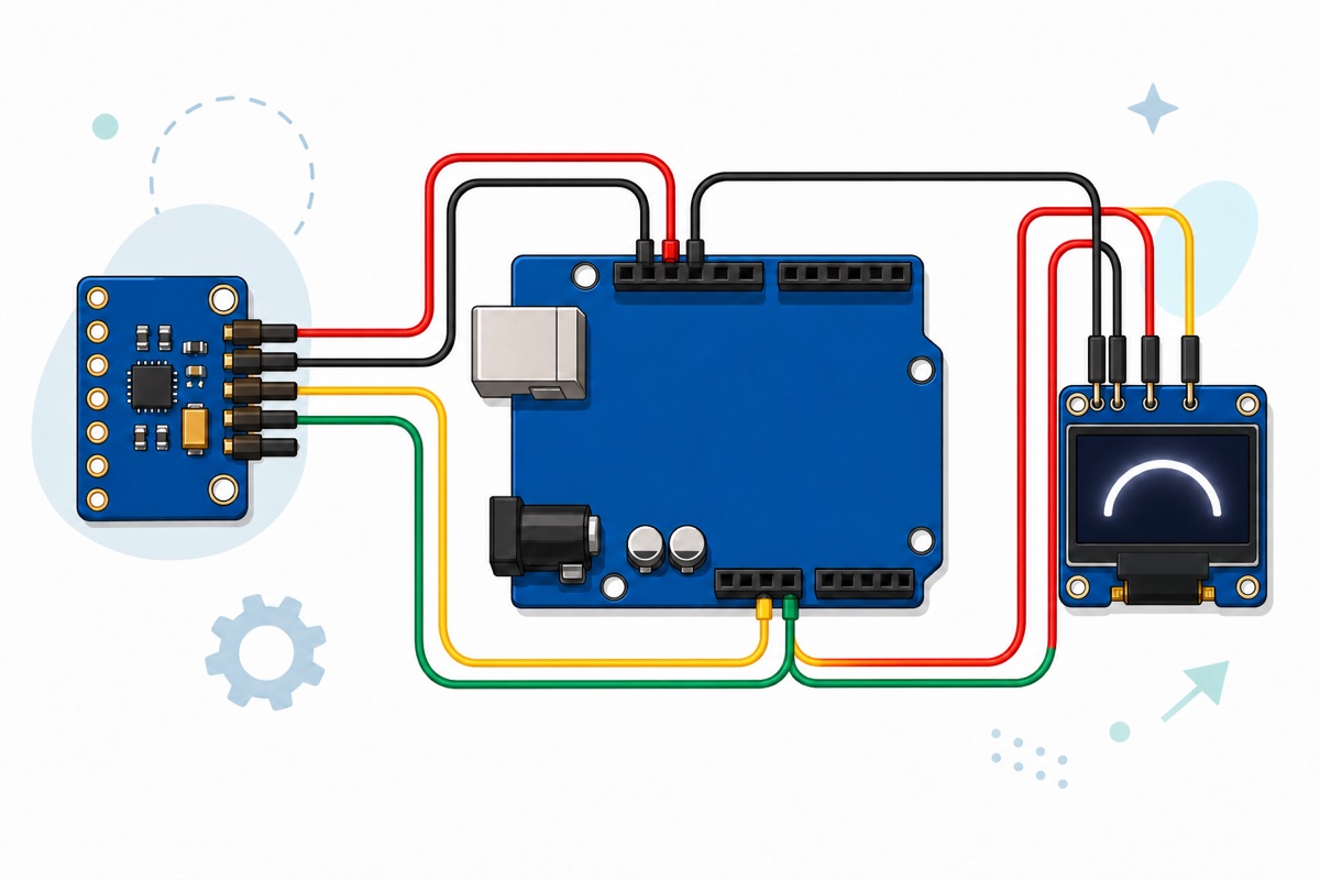 Cartoon wiring diagram of a blue GY-521 sensor and a blue OLED display sharing two I2C wires plus power to a blue Arduino Uno