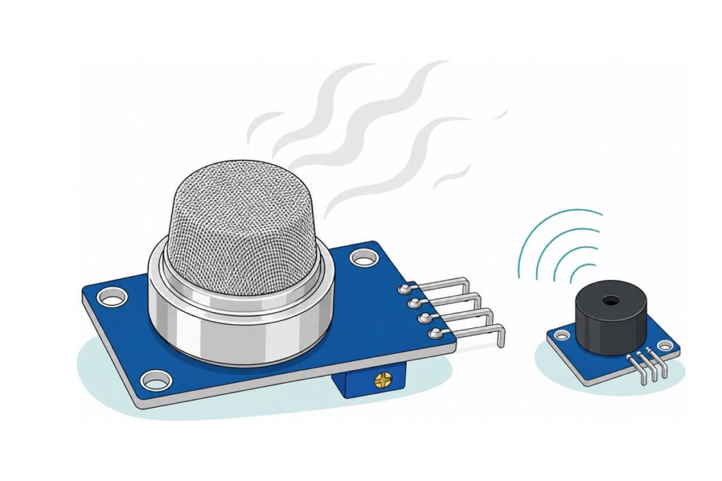 Cartoon of a large MQ-2 gas sensor with a silver wire-mesh canister on a royal blue board with a blue trimmer, grey smoke wisps curling around it and a small black buzzer sounding beside it