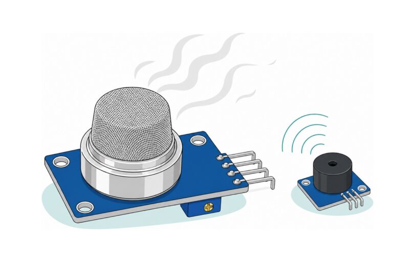 Cartoon of a large MQ-2 gas sensor with a silver wire-mesh canister on a royal blue board with a blue trimmer, grey smoke wisps curling around it and a small black buzzer sounding beside it