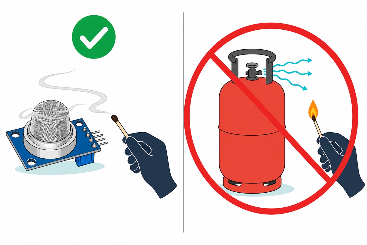 Cartoon comparison showing a hand holding a blown-out match whose grey smoke drifts to a silver-mesh MQ-2 sensor with a green tick, beside a red LPG cylinder leaking gas next to a lit match struck through with a red prohibition sign