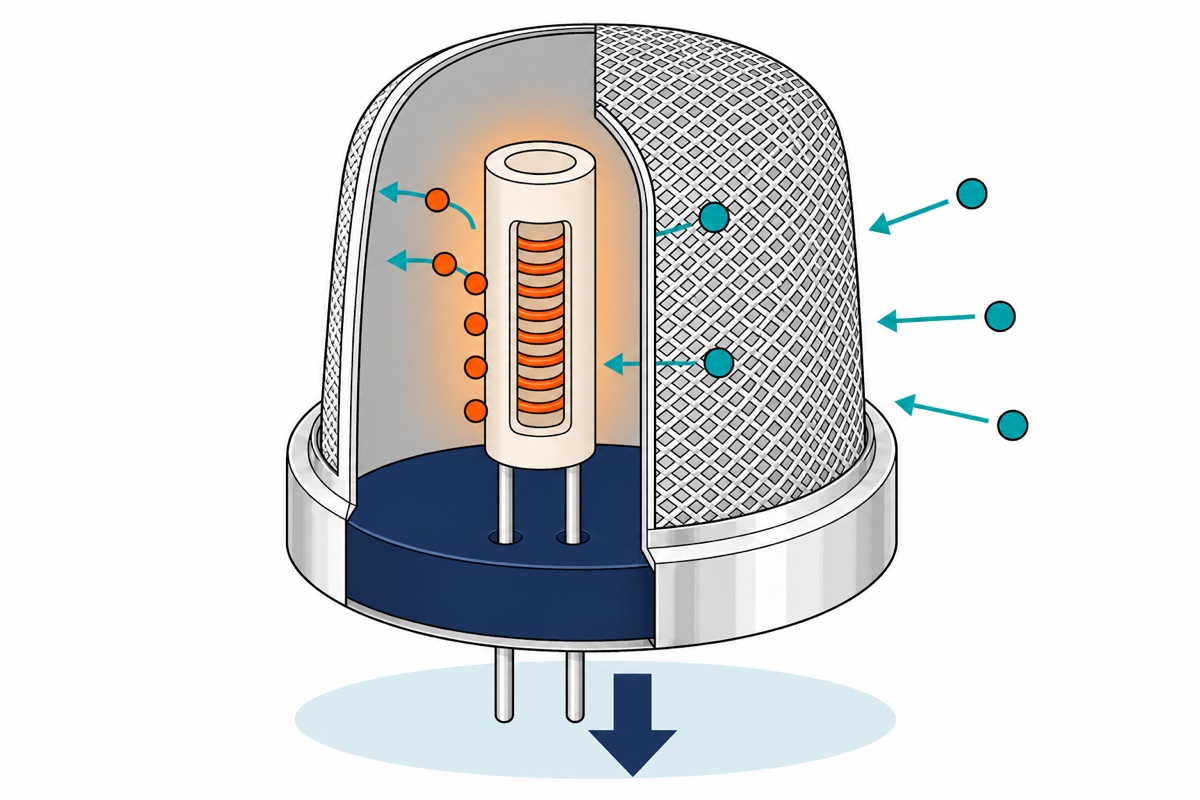 Cartoon cutaway of an MQ-2 sensor showing a silver mesh shell, a cream ceramic tube with a glowing orange heater coil inside, teal gas molecules entering and orange oxygen dots breaking away from the surface