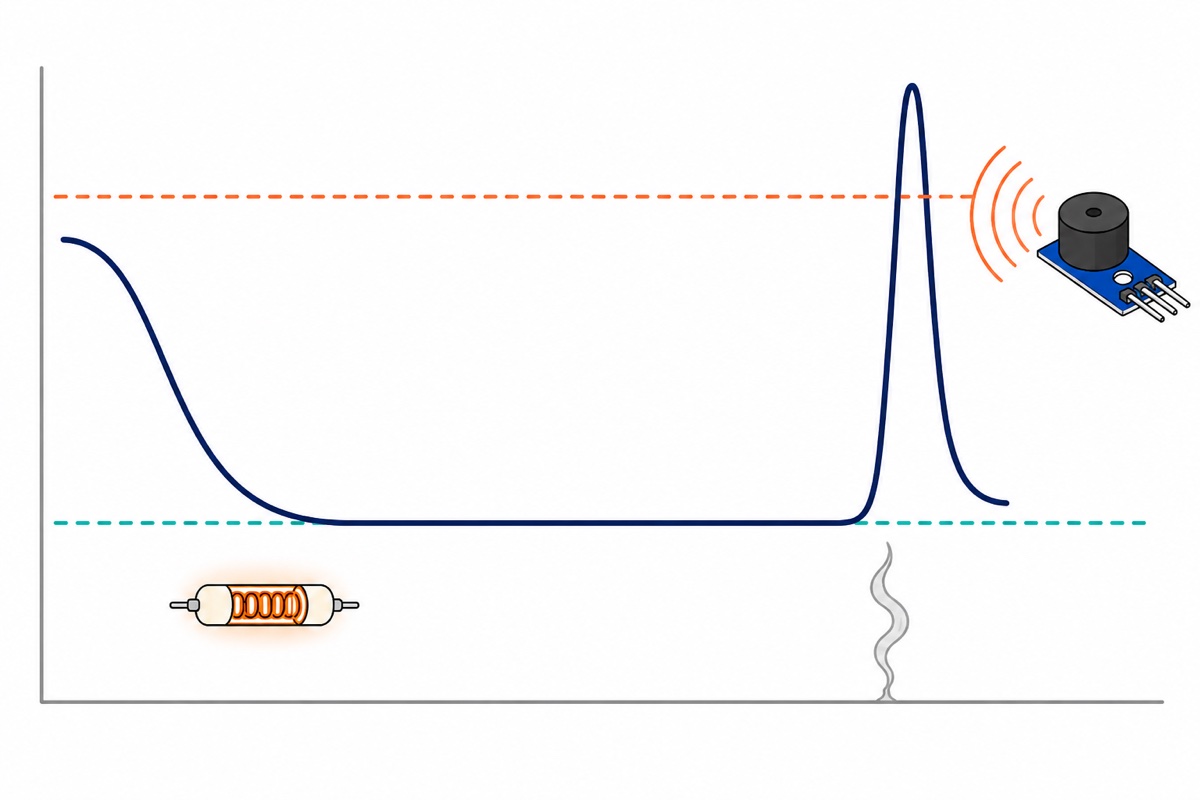 Cartoon line graph showing a sensor reading decaying from a high value into a flat plateau marked by a dashed teal baseline, with a dashed orange alarm level above it and a sharp smoke-driven peak crossing that level and sounding a buzzer