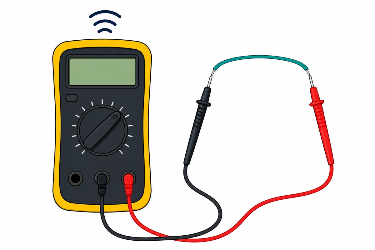 Continuity test: both multimeter probes touching the two ends of the same jumper wire while the meter beeps