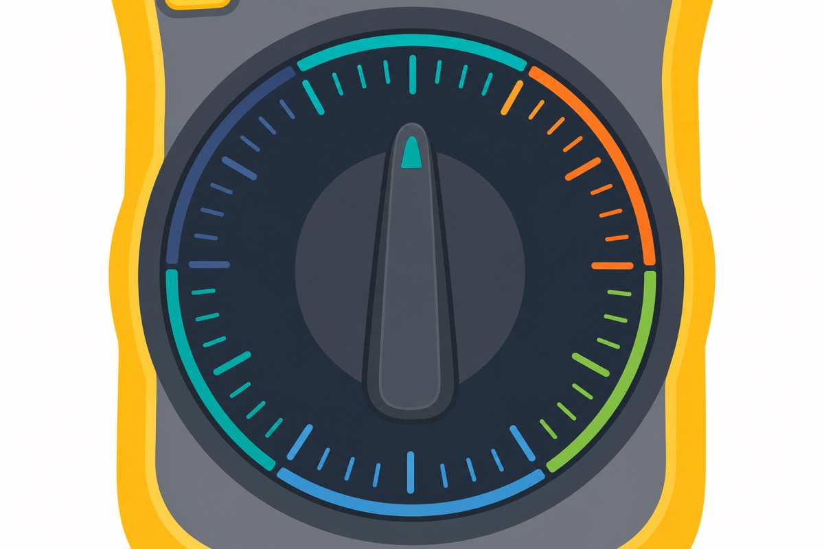 Close-up of a digital multimeter's rotary dial divided into several colour-coded measurement zones