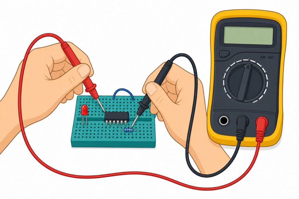 Two hands holding the red and black probes of a digital multimeter on a breadboard circuit, with an XL830L meter beside them