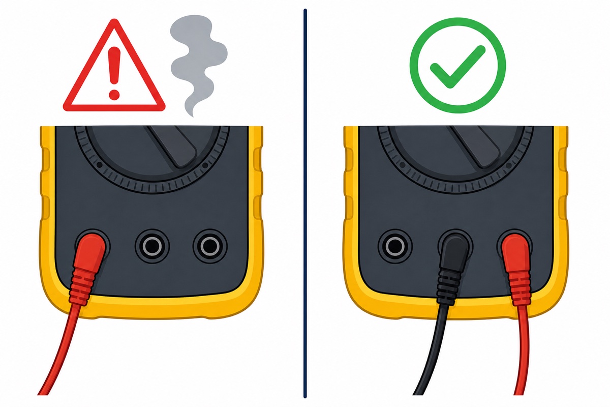 Comparison of the red probe left in the unfused 10A jack versus the red probe in the correct VΩmA jack