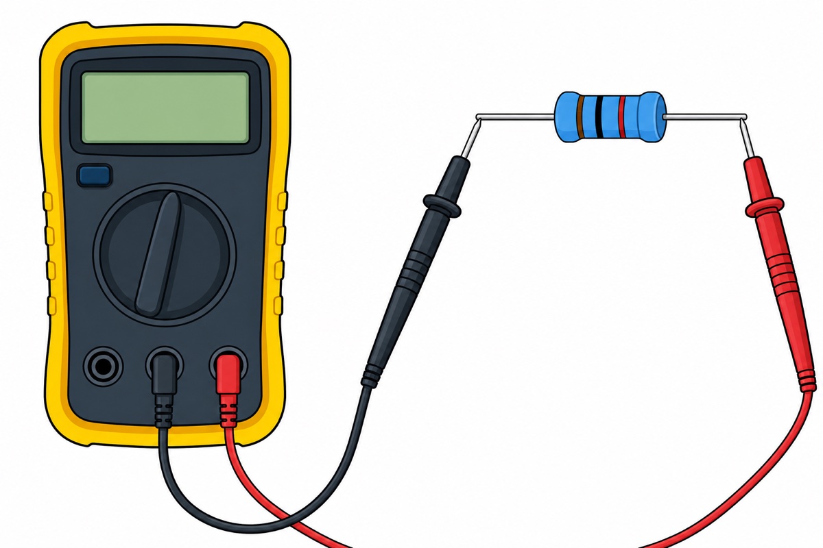 Measuring the resistance of a single resistor that has been removed from the circuit, with the probes touching both of its legs
