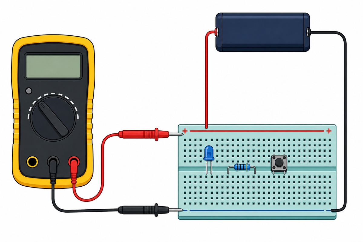 A digital multimeter measuring DC voltage with the red probe on the positive rail and the black probe on the negative rail of a breadboard