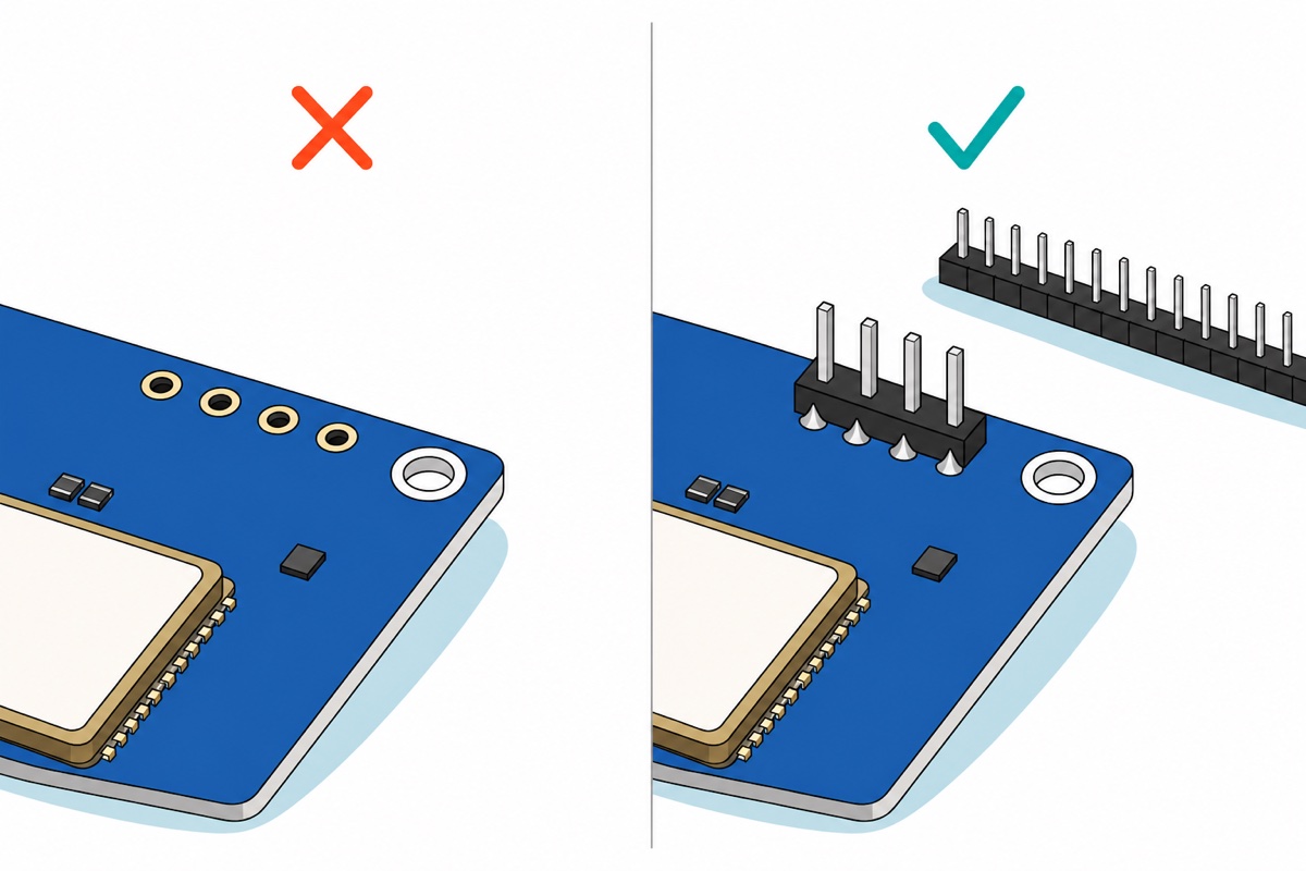 Cartoon comparison of a blue GPS module corner: on the left four empty gold-ringed holes marked with an orange cross, on the right the same holes with a black-based four-pin silver header soldered in and a teal tick, beside a snapped 40-pin strip