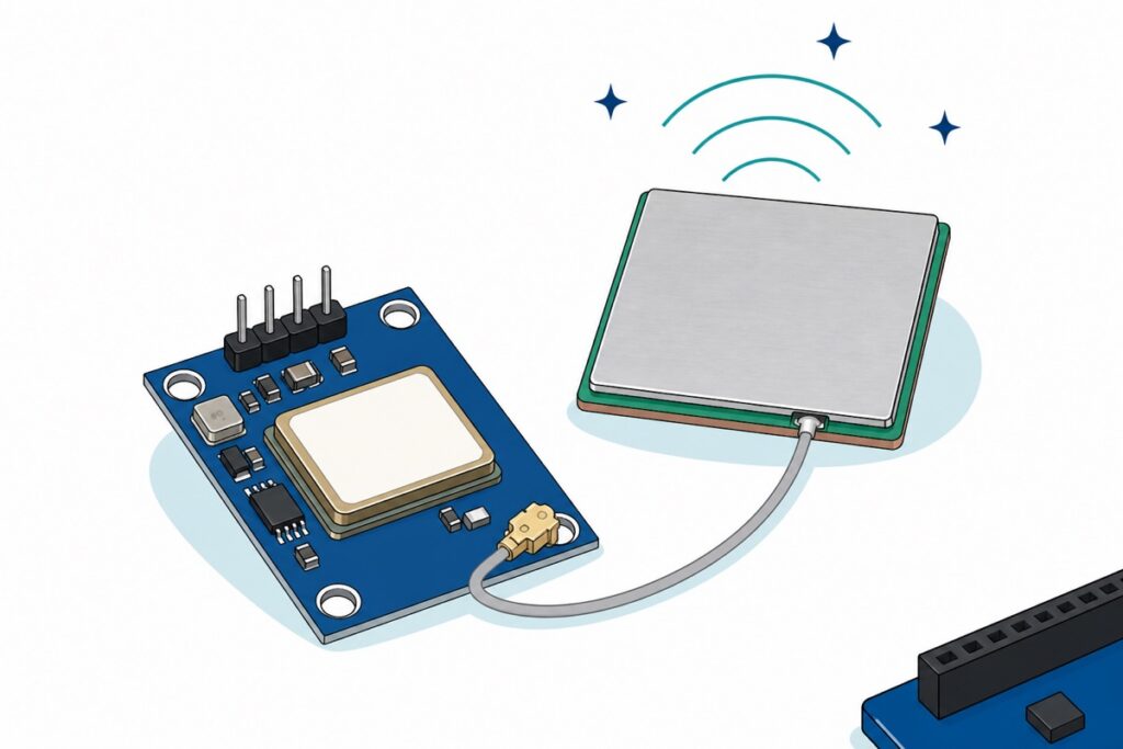 Cartoon of a blue NEO-6M GPS module with a silver metal-can chip and four pins, its grey coaxial cable running to a large square silver-shielded ceramic patch antenna tilted skyward with teal signal arcs and navy stars above it