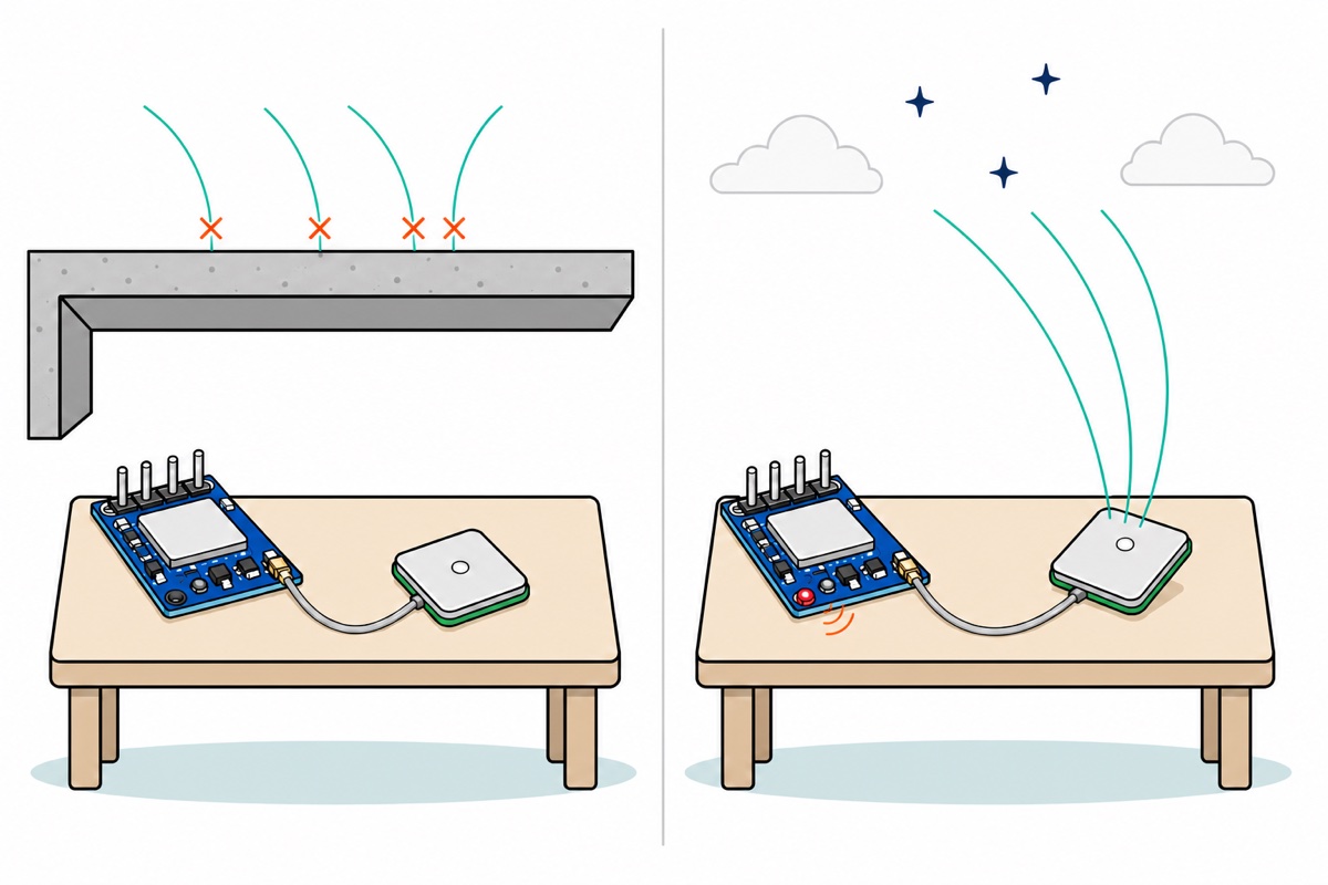 Cartoon comparison of a blue GPS module with a silver ceramic antenna indoors under a grey concrete ceiling with teal signal arcs blocked by orange crosses and a dark LED, versus outdoors under open sky with unbroken signal arcs and a flashing red LED