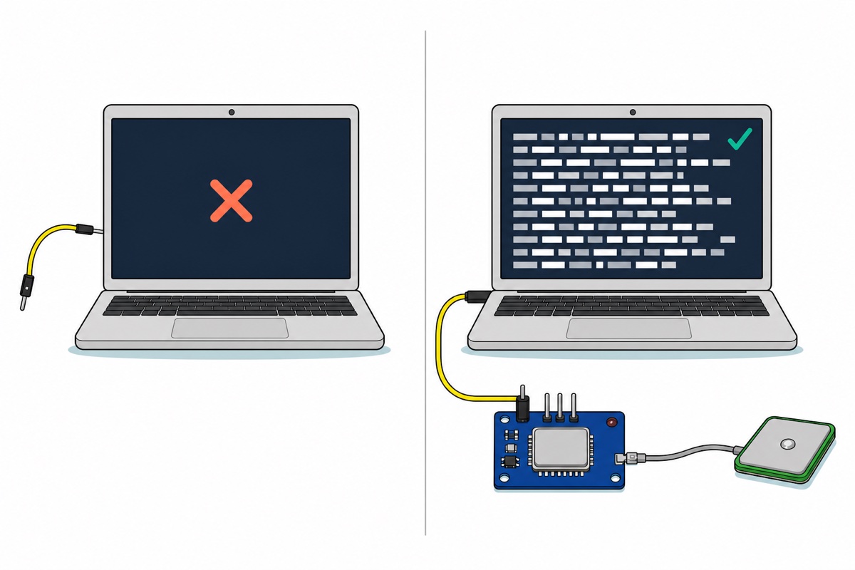Cartoon comparison of two laptops: on the left a blank dark screen with an orange cross and a loose yellow jumper, on the right a screen full of abstract grey data lines with a teal tick, wired to a blue GPS module with a silver ceramic antenna
