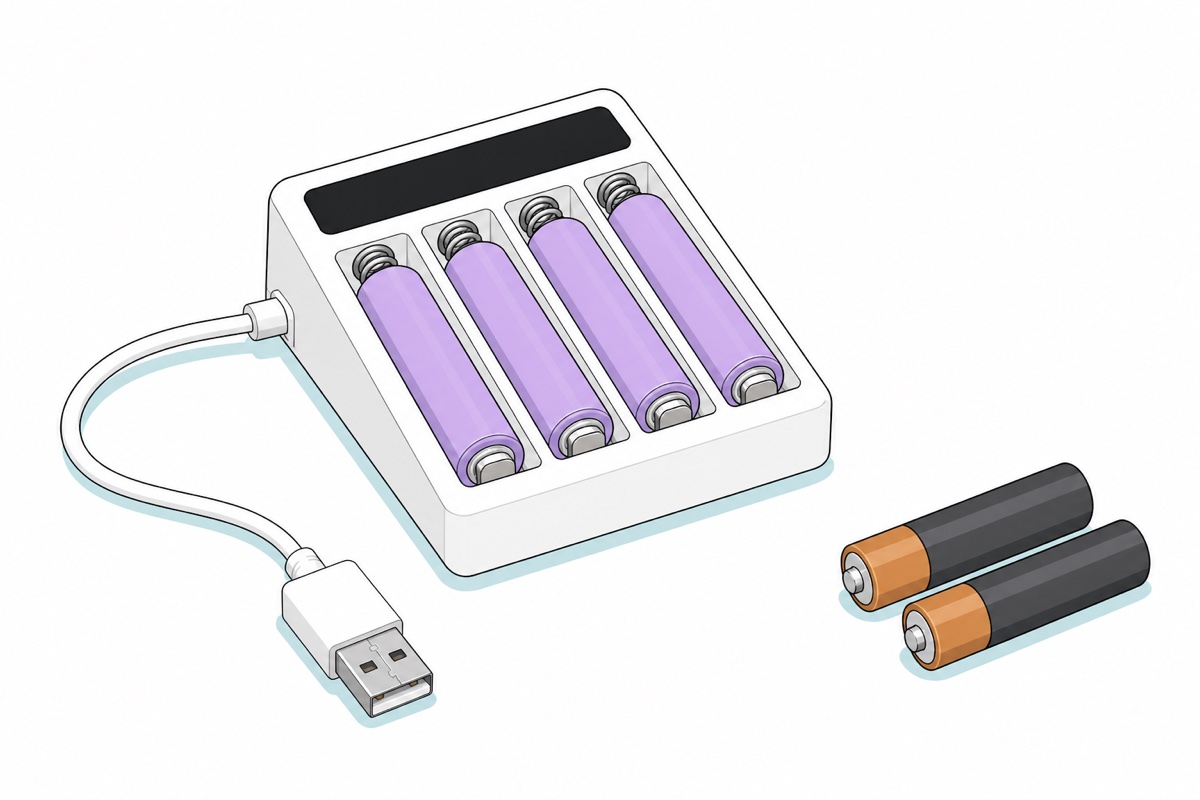 Cartoon of a white four-slot USB battery charger with a captive white cable and USB-A plug, holding four lavender-purple NiMH AA cells, with two dark grey and copper alkaline AA cells lying separately on the bench beside it