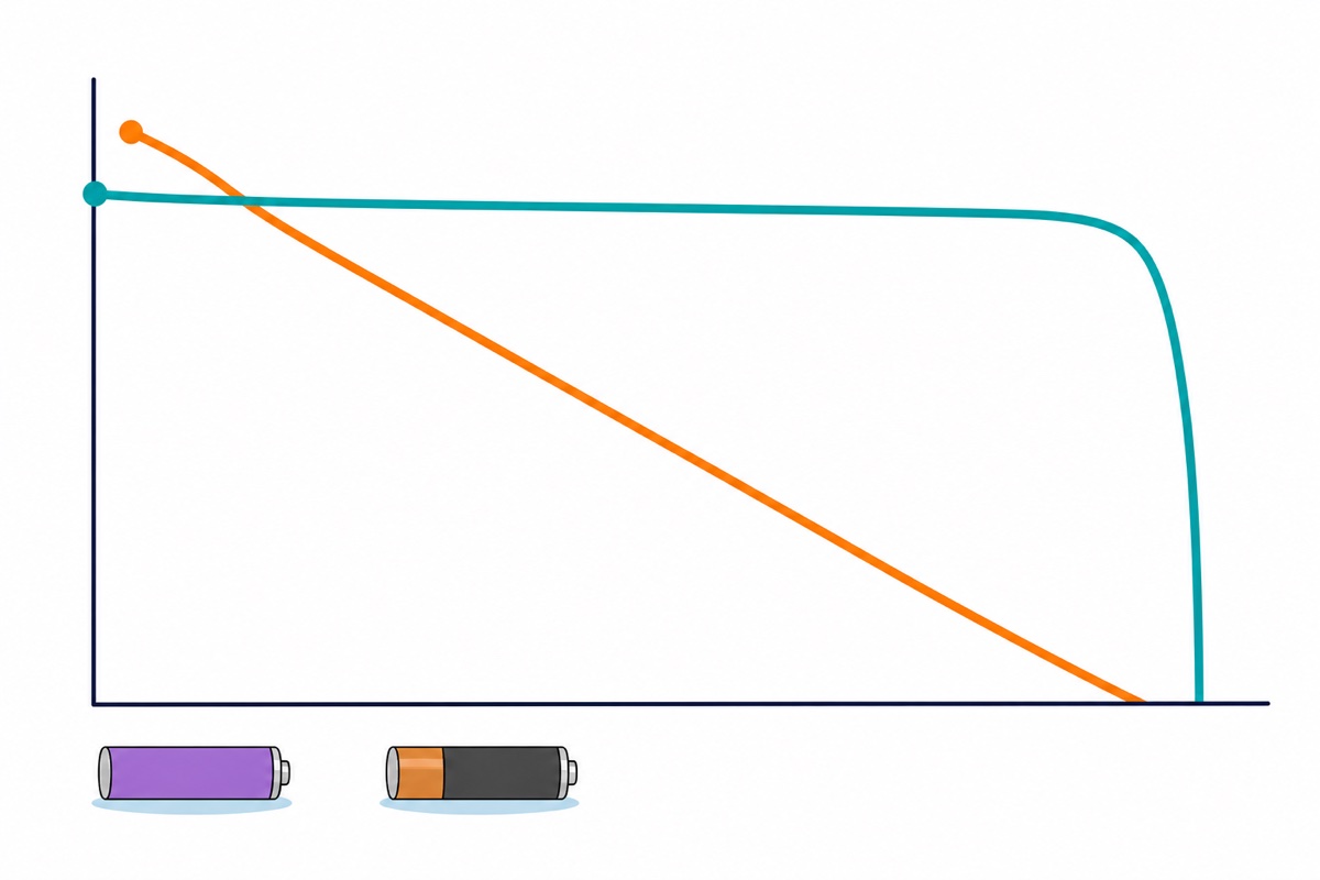 Cartoon graph with two curves β a teal curve holding a long flat plateau then dropping sharply, and an orange curve starting higher and sloping steadily down β with a lavender-purple AA cell drawn under the teal curve and a dark grey and copper AA cell under the orange one