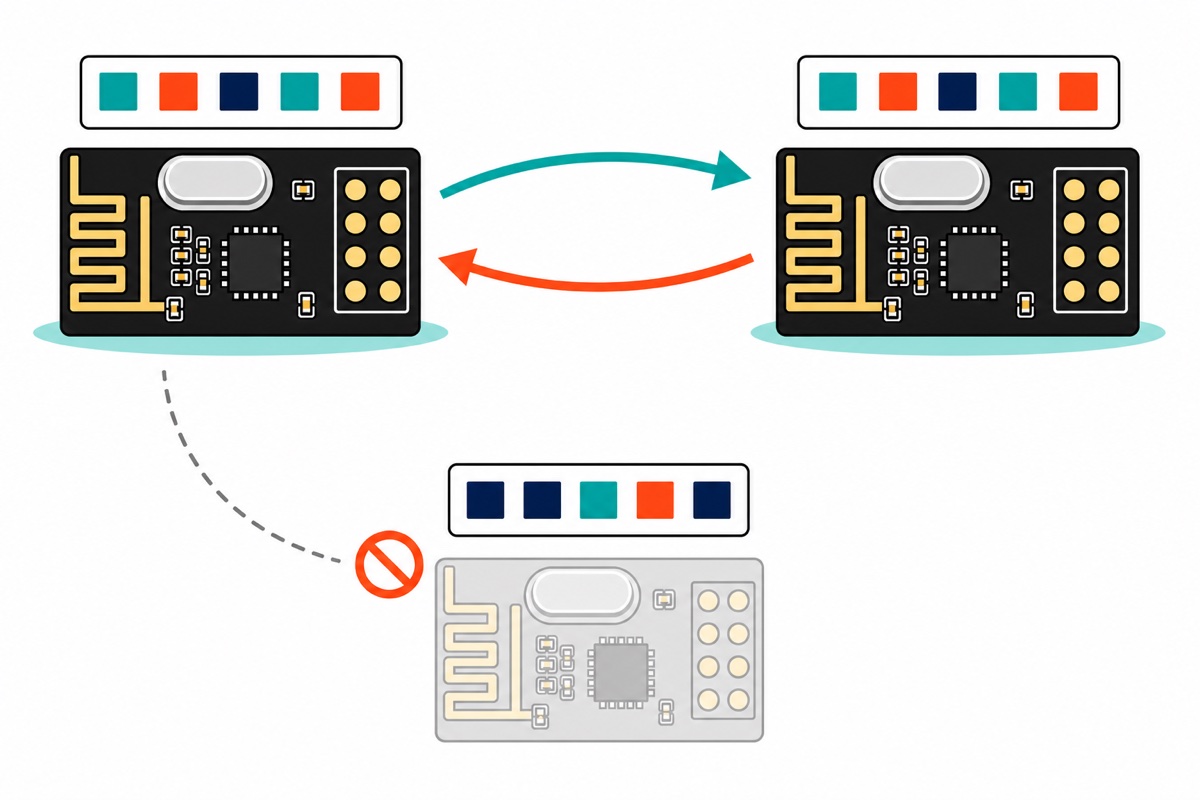 Cartoon showing two black nRF24L01 modules each tagged with an identical row of five coloured squares, a teal arrow carrying a message between them and an orange arrow returning an acknowledgement, while a third faded module tagged with a different colour sequence is blocked by an orange no-entry symbol