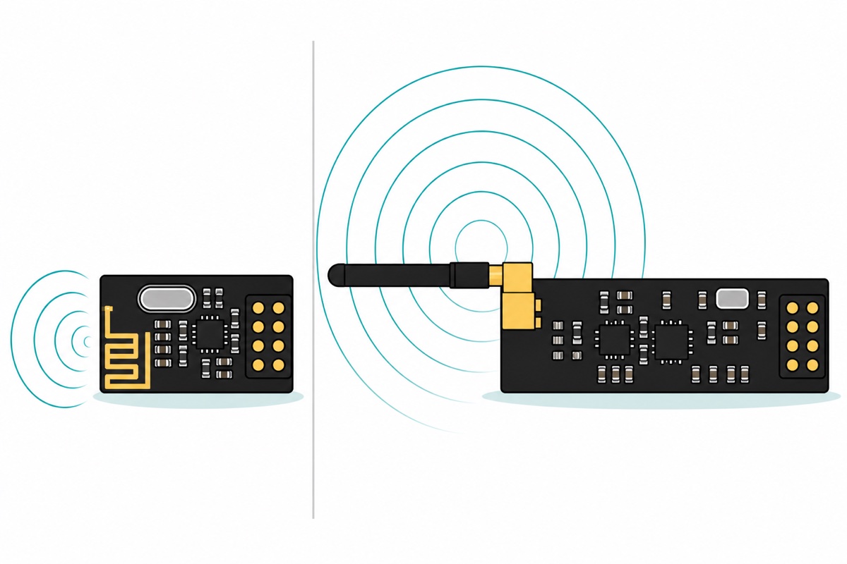 Cartoon top view comparing two black nRF24L01 modules β a short one with a gold zig-zag PCB antenna trace and short teal waves, and a longer one with a gold SMA socket, a black screw-on rod antenna, two chips and much longer teal waves
