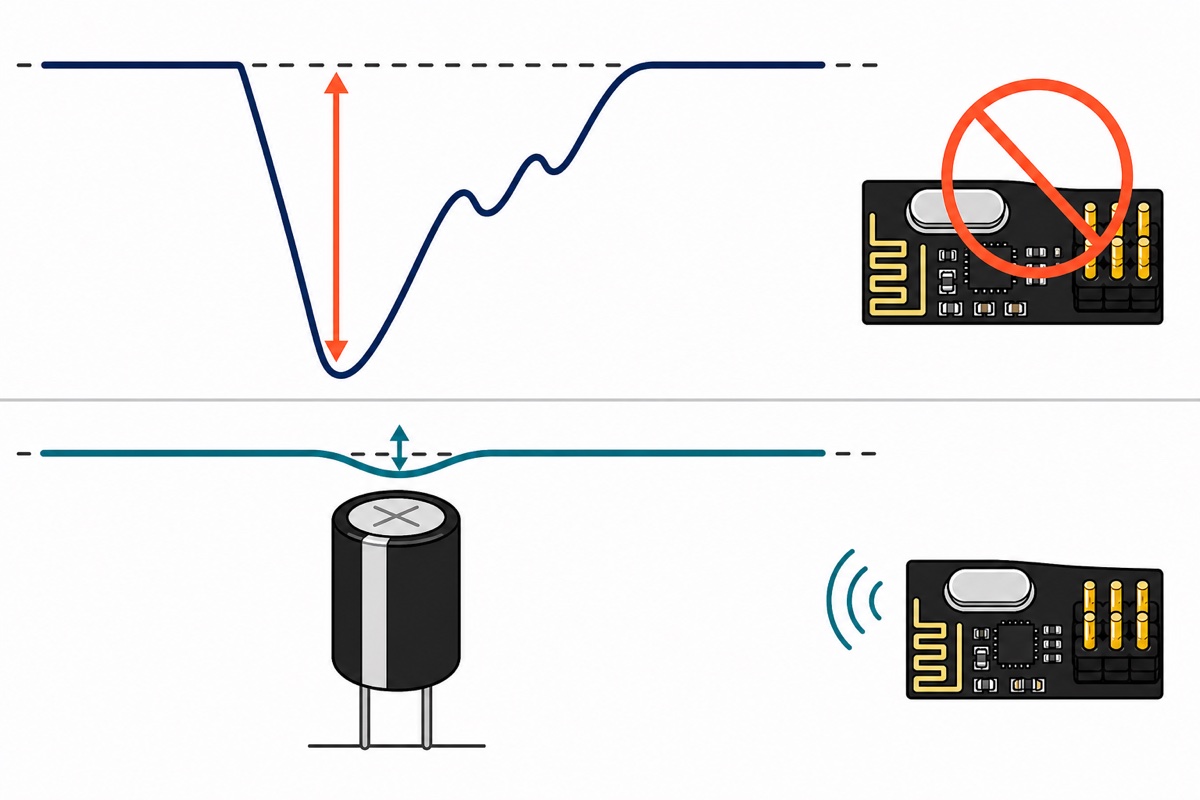 Cartoon comparison of two supply-voltage traces: a navy line collapsing into a deep dip with an orange arrow and a black nRF24L01 module marked with a no-entry symbol above, and below a teal line dipping only slightly beside a black electrolytic capacitor with a grey stripe, with the same module shown transmitting teal waves
