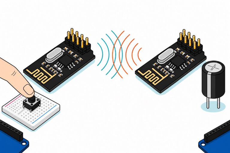 Cartoon of two black nRF24L01 radio modules with gold zig-zag antenna traces facing each other across teal and orange radio waves, a fingertip pressing a black button on a white breadboard beside the left module and a black electrolytic capacitor with a grey stripe standing beside the right one