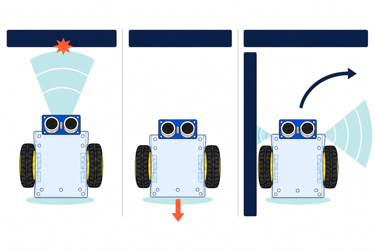 Three-panel cartoon seen from above showing a robot car detecting a wall ahead, reversing away from it, then comparing a short sonar cone to the left with a long clear one to the right and turning right
