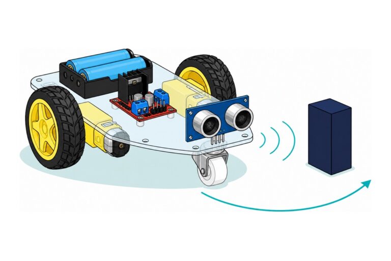 Cartoon two-wheel robot car on a clear acrylic plate with yellow-hub black tyres and a blue ultrasonic sensor at the front sending teal sonar arcs at a navy box, curving around it