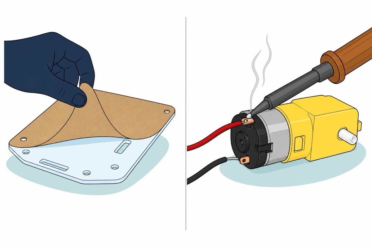 Cartoon showing a hand peeling brown protective paper off a clear acrylic robot chassis plate, beside a close-up of a soldering iron joining red and black wires to the copper tabs of a yellow gear motor