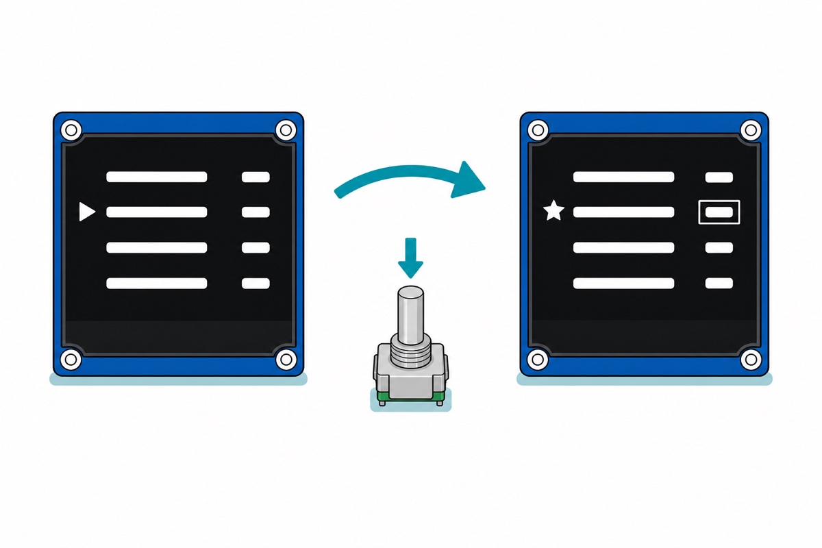 Cartoon of two blue OLED screens side by side showing an abstract four-row menu, the left with a triangle marker beside one row and the right with that row's value boxed for editing, with a silver rotary encoder and a teal arrow between them