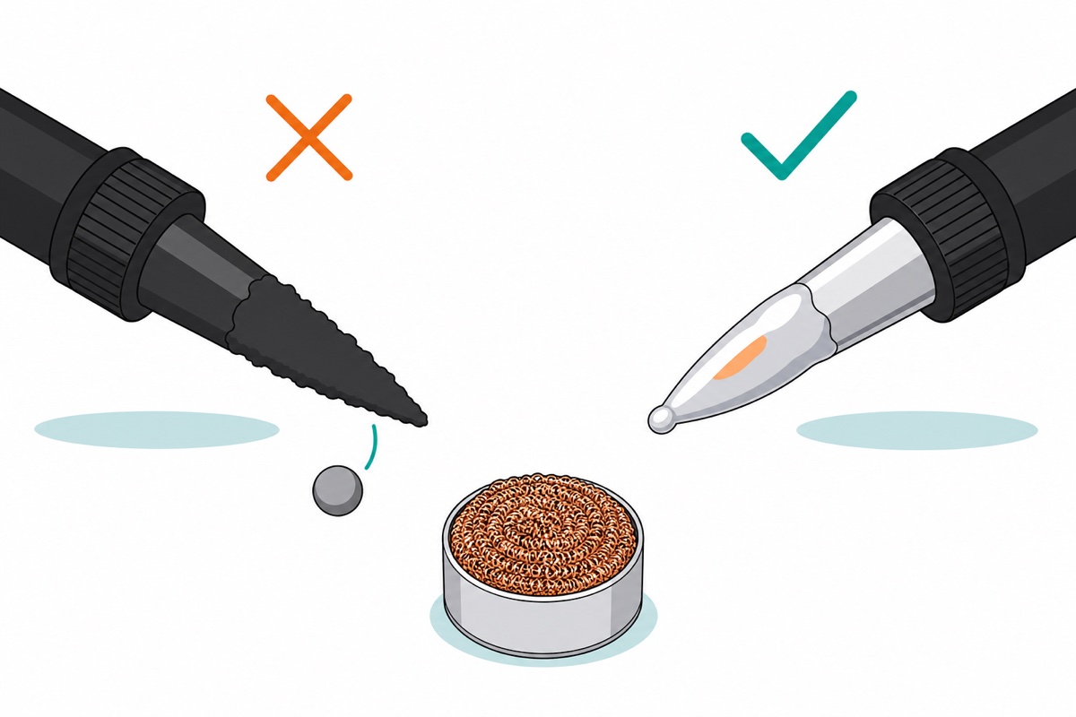 Cartoon comparing a blackened crusty soldering iron tip repelling a grey solder ball with a bright silver tip coated in molten solder, above a silver tin holding a rose-gold coiled copper wire cleaning ball