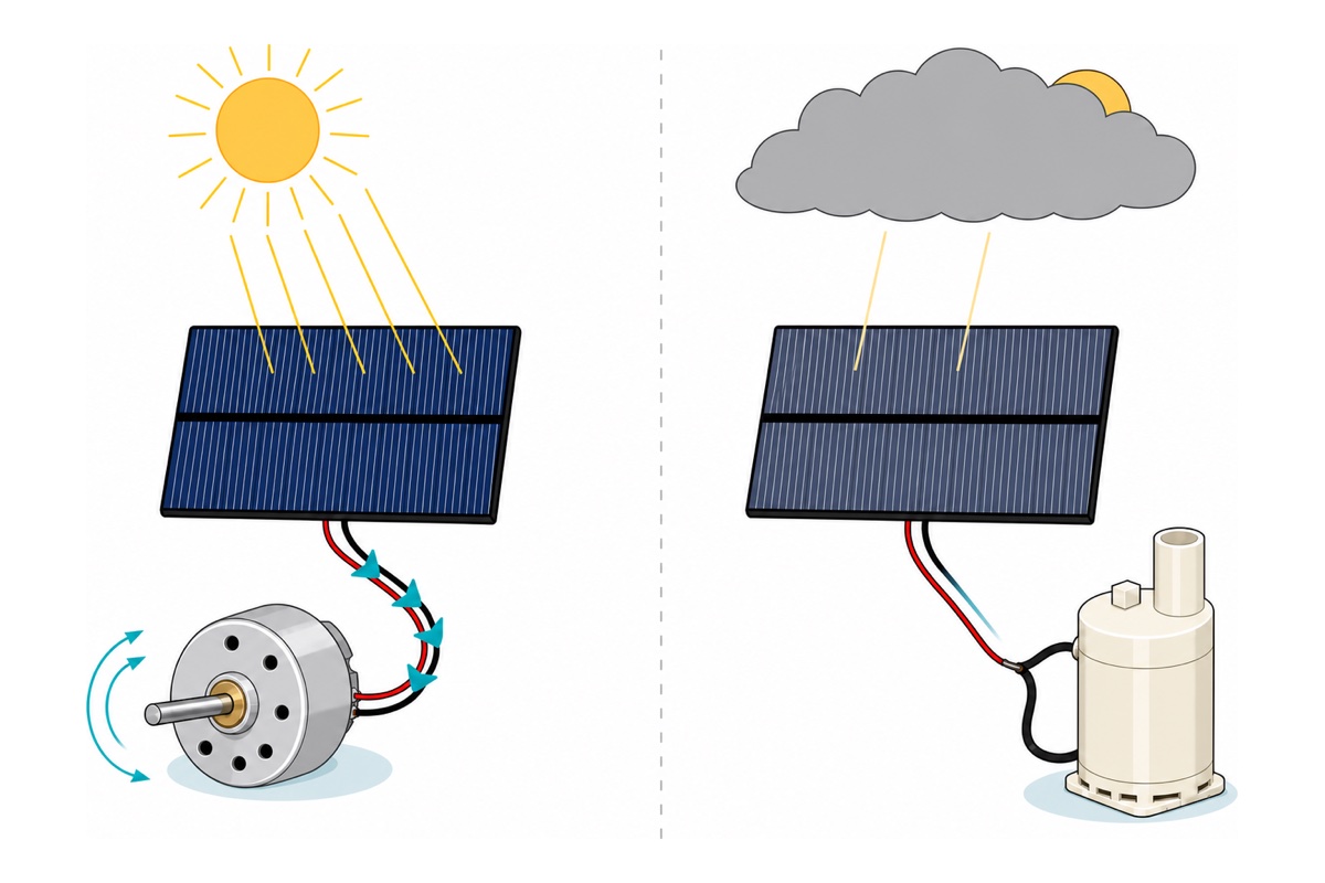 Two-part cartoon comparison; on the left bright sunshine falls on a dark blue solar panel spinning a round silver DC motor, on the right a grey cloud covers the sun and the same panel cannot move a cream-white submersible water pump