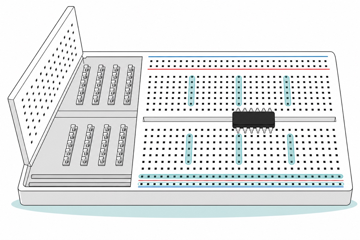 Cartoon cutaway of a white breadboard with the top plastic lifted, showing silver five-jaw metal clips under every row, translucent teal capsules marking each group of five holes, and a black IC chip straddling the centre channel