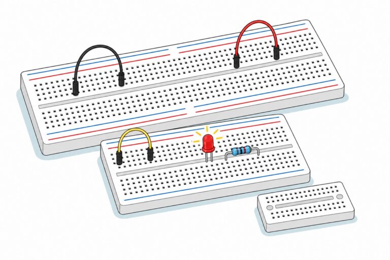Kartun tiga breadboard putih bersusun mengikut saiz, papan besar dengan jalur merah dan biru yang putus di tengah, papan sederhana dengan jalur penuh, papan mini tanpa jalur, serta LED merah menyala dan wayar jumper