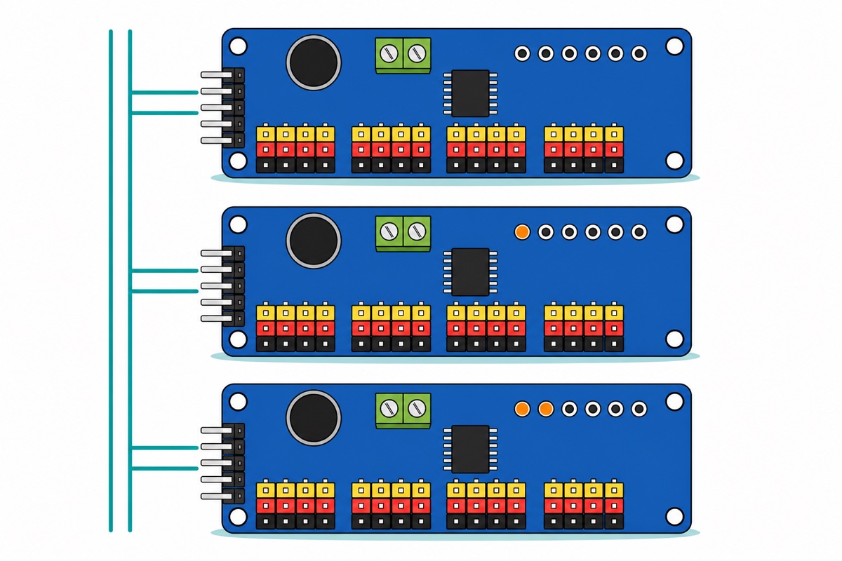 Cartoon of three stacked royal-blue servo driver boards sharing two teal I2C lines, with their six address pads left open on the first board, one bridged on the second and two bridged on the third