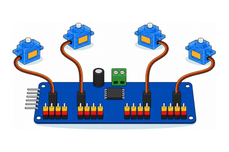 Cartoon of a royal-blue PCA9685 servo driver board with four groups of black, red and yellow three-pin headers and a green screw terminal, surrounded by four bright translucent-blue micro servos with brown, red and orange leads