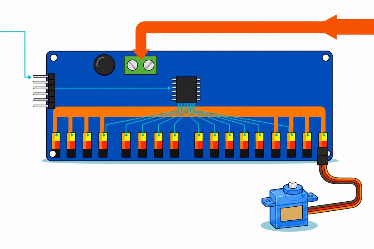 Cartoon top view of a royal-blue servo driver board showing a thin teal signal path from six silver pins to the chip and a thick orange power path from the green screw terminal to the red middle pin of every channel header