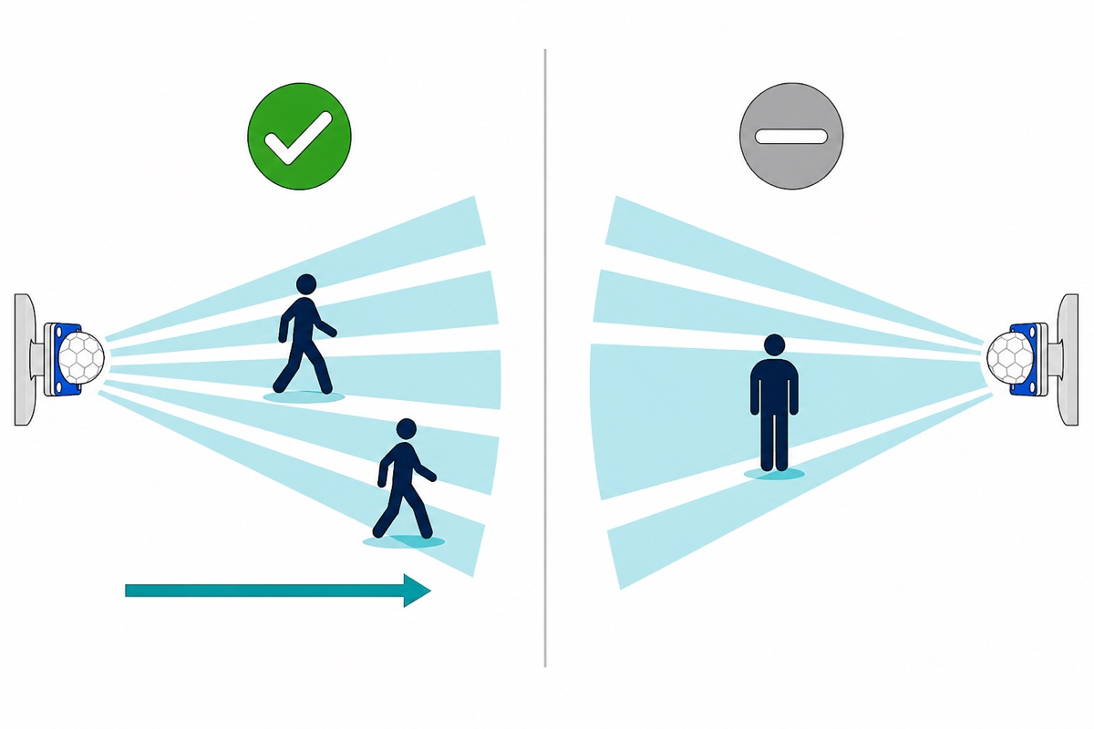 Cartoon comparison of a person walking sideways across the teal comb-shaped beams of a PIR sensor and being detected, versus a person standing still inside one beam and being missed