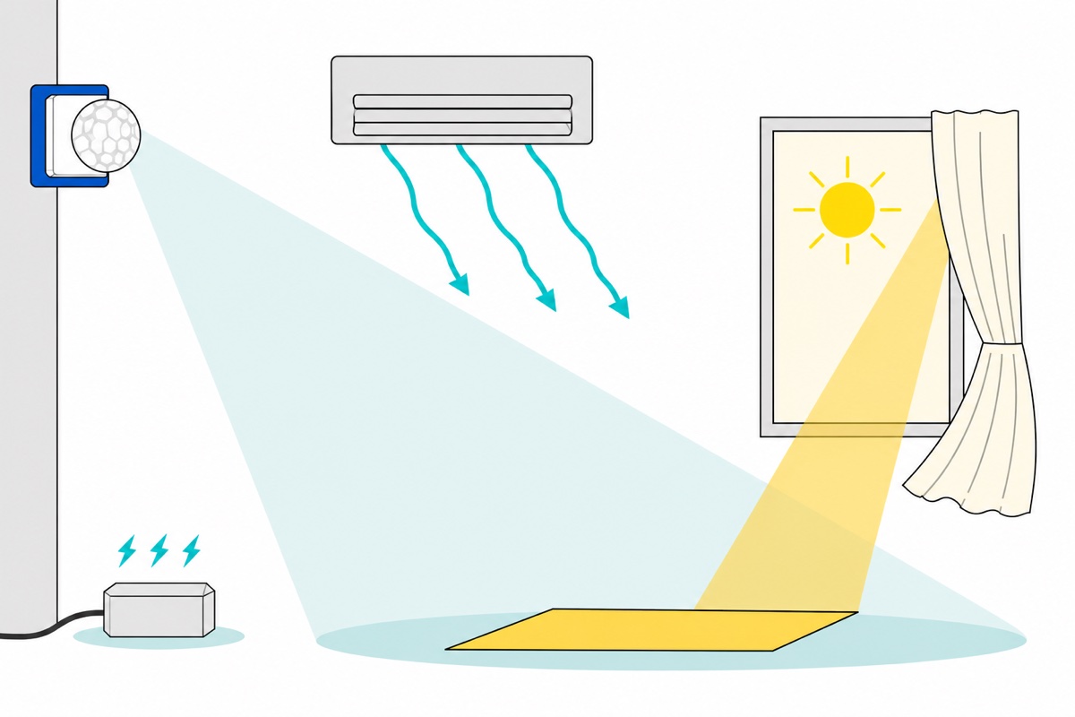 Cartoon room cross-section showing an HC-SR501 sensor on a grey wall casting a teal detection cone that catches air-conditioner draught, a yellow sunlight patch by a window with a cream curtain, and a grey power supply emitting teal electrical sparks