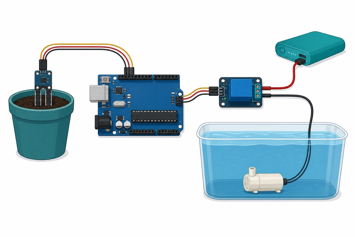 Cartoon wiring overview of Arduino, soil moisture sensor, relay module, submersible pump and power bank