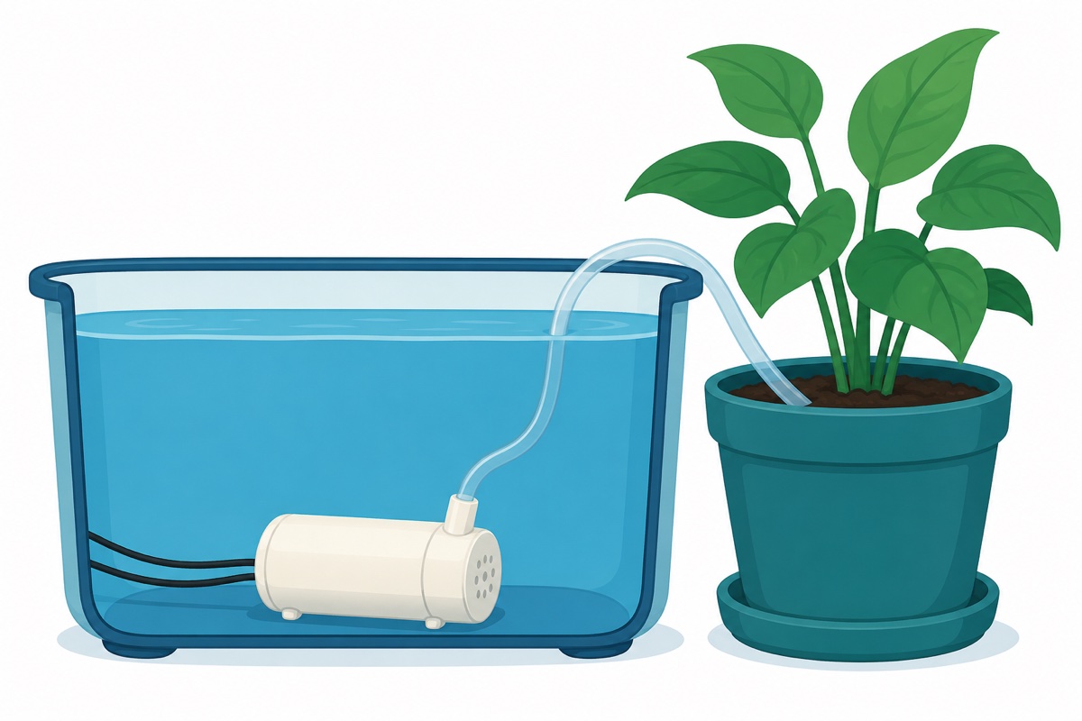 Cutaway illustration showing a submersible pump fully underwater in a tub with tubing running to a plant pot