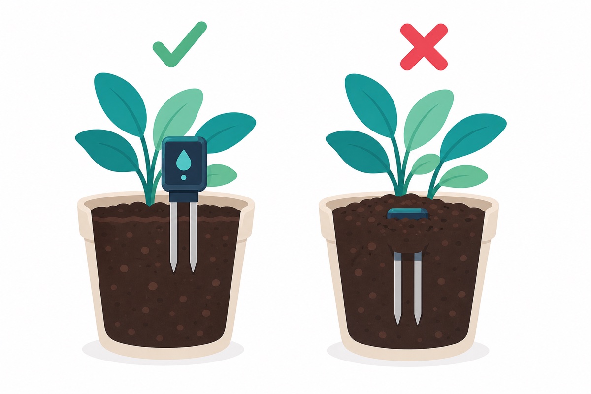 Comparison of correct and incorrect soil moisture sensor insertion depth in a plant pot