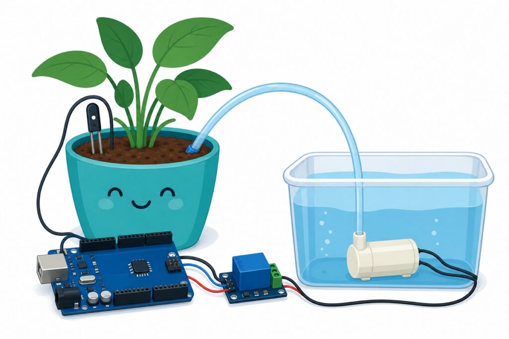 Illustration of an Arduino automatic plant watering system with soil moisture sensor, relay module and the small white submersible pump in a water tub