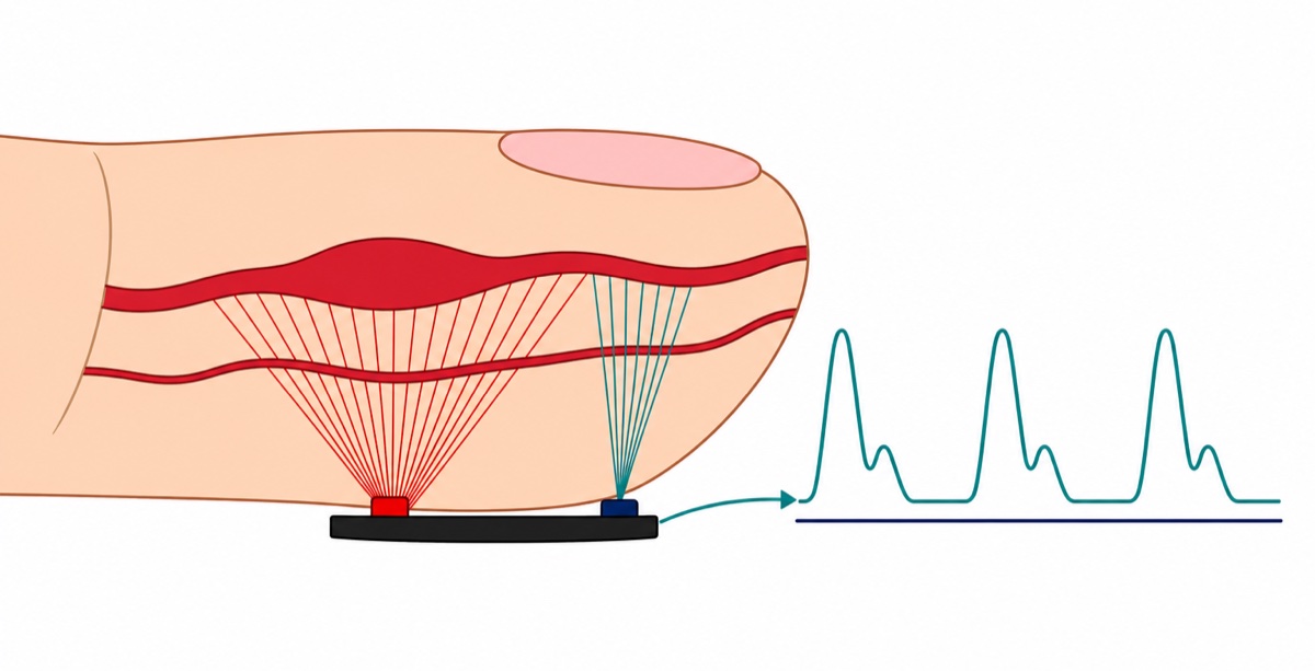 Cartoon cross-section of a fingertip with a red LED shining into the tissue and a detector catching the returning light, next to a teal pulse waveform