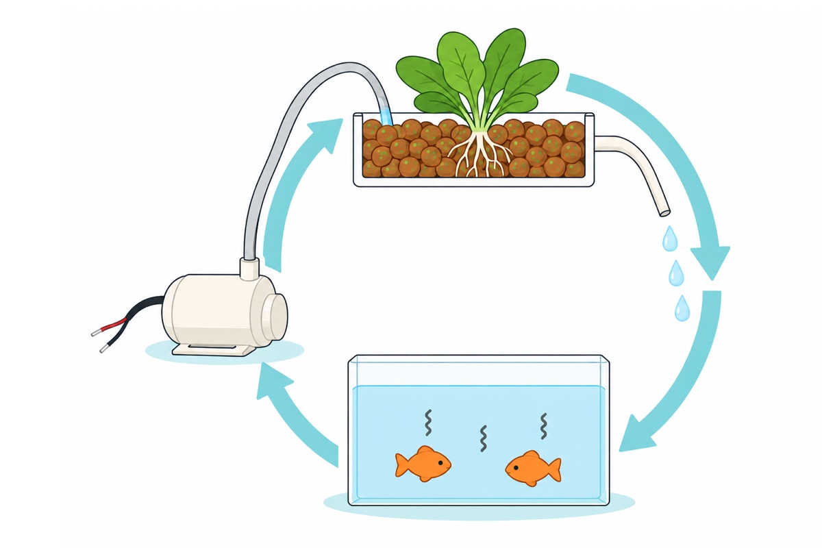 Cartoon circular aquaponics loop; blue fish tank with two orange fish at the bottom, cream-white submersible pump on the left, brown clay-pebble bed with green bacteria and a plant on top, and a white drain tube dripping clean water back into the tank on the right