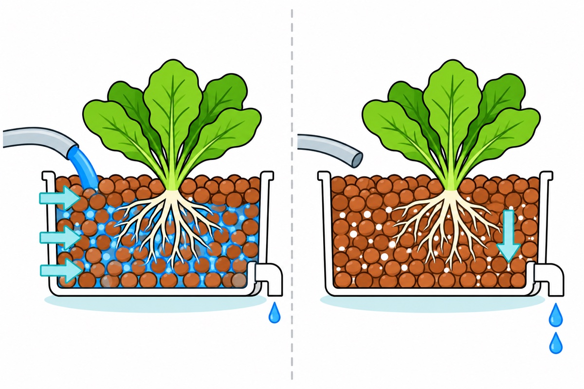 Cartoon comparison of two cross-section grow beds; on the left a brown clay-pebble bed full of blue water soaking the plant roots, on the right the same bed empty with air bubbles between the pebbles and water dripping out of the drain tube