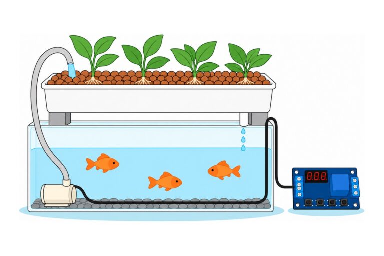 Kartun sistem akuaponik mini dua tingkat; tangki air biru dengan ikan oren dan pam submersible putih krim di bawah, bekas putih berisi batu tanah liat coklat dan pokok hijau di atas, hos kelabu menaik dan tiub salir kembali ke tangki, dengan papan pemasa biru gelap berskrin merah di sebelah kanan
