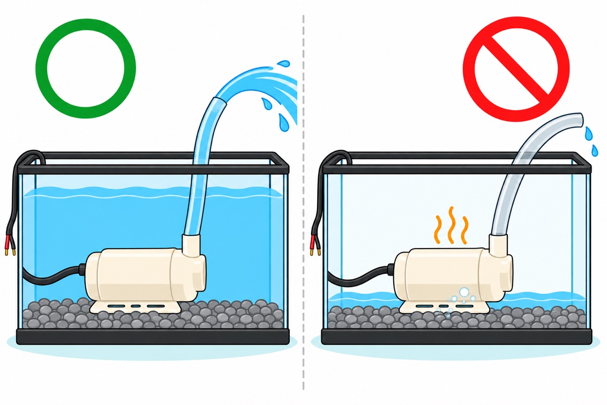 Cartoon comparison of two tanks; on the left a cream-white submersible pump fully submerged with full water flow in a grey hose and a green circle marker, on the right the water level too low so the exposed pump sucks air bubbles, with orange heat lines and a crossed-out red circle marker